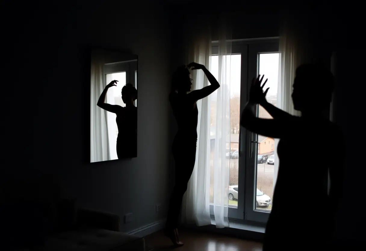 Un silhouetté se déplaçant devant un miroir accroché au mur chez lui, pratiquant des mouvements contrôlés sous la lumière naturelle.