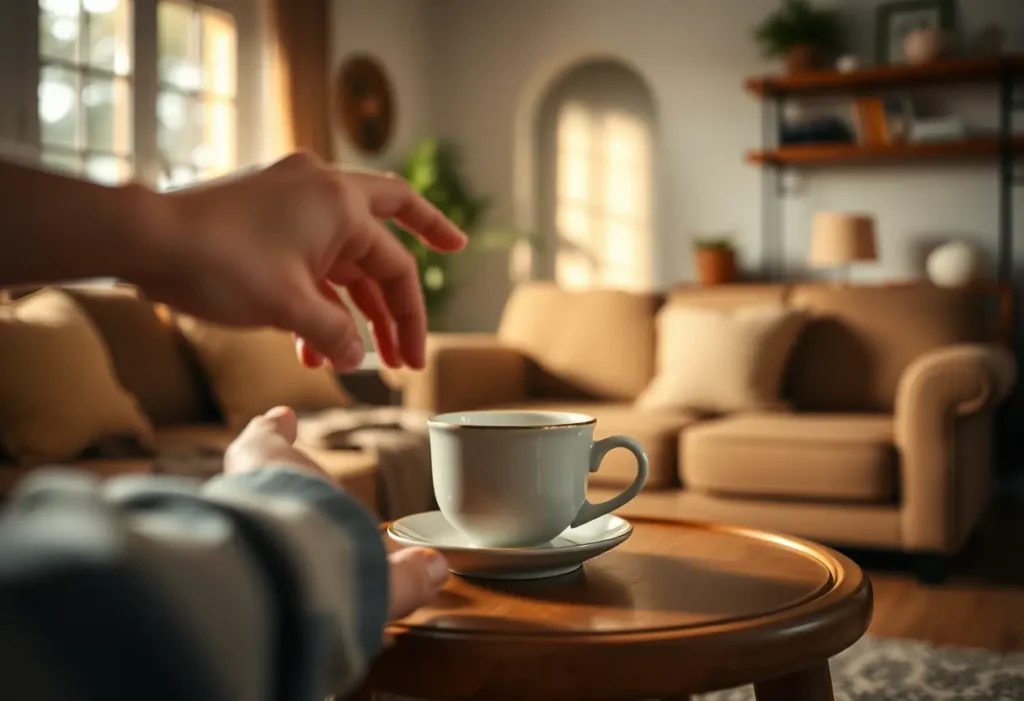 Une main tendue vers une tasse en porcelaine sur une table basse dans un salon accueillant