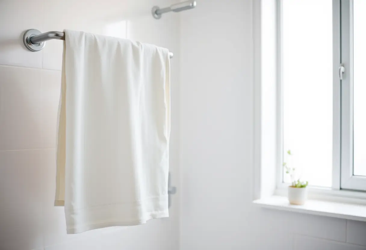 Une serviette blanche accrochée dans une salle de bains, avec une petite plante en pot