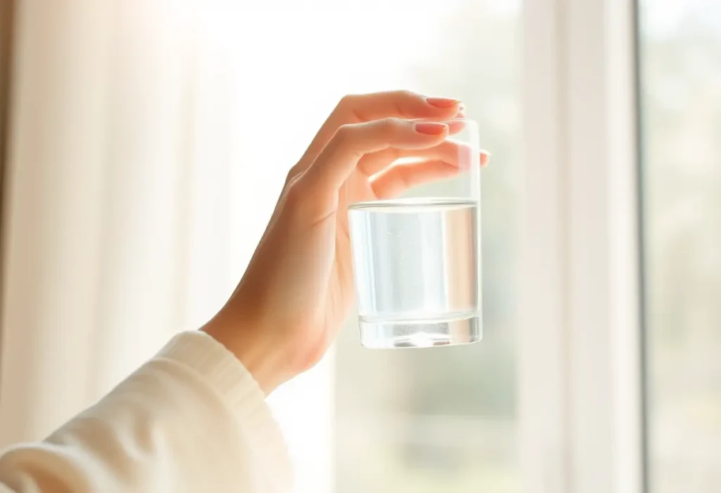 Une main tenant délicatement un verre d'eau, éclairée par la lumière naturelle.