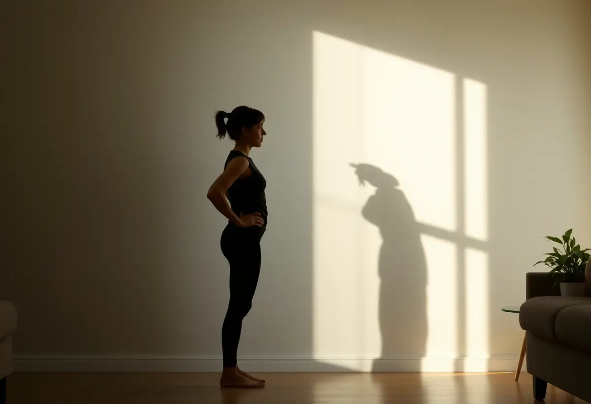 Un silhouettage d'une personne faisant des exercices physiques dans une pièce lumineuse.