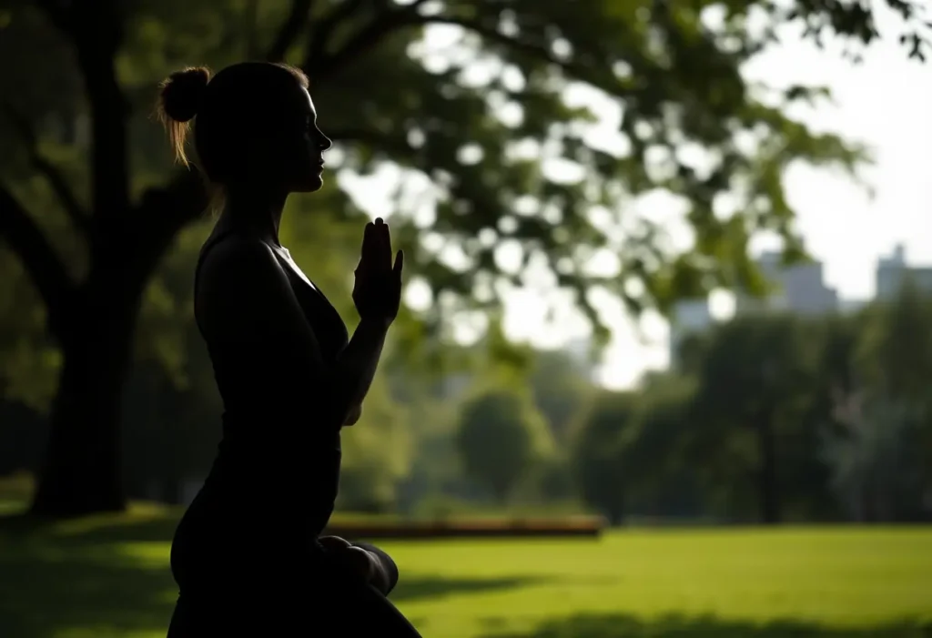 Silhouette d'une personne pratiquant le yoga dans un parc, effectue une contraction périnéale en pleine nature