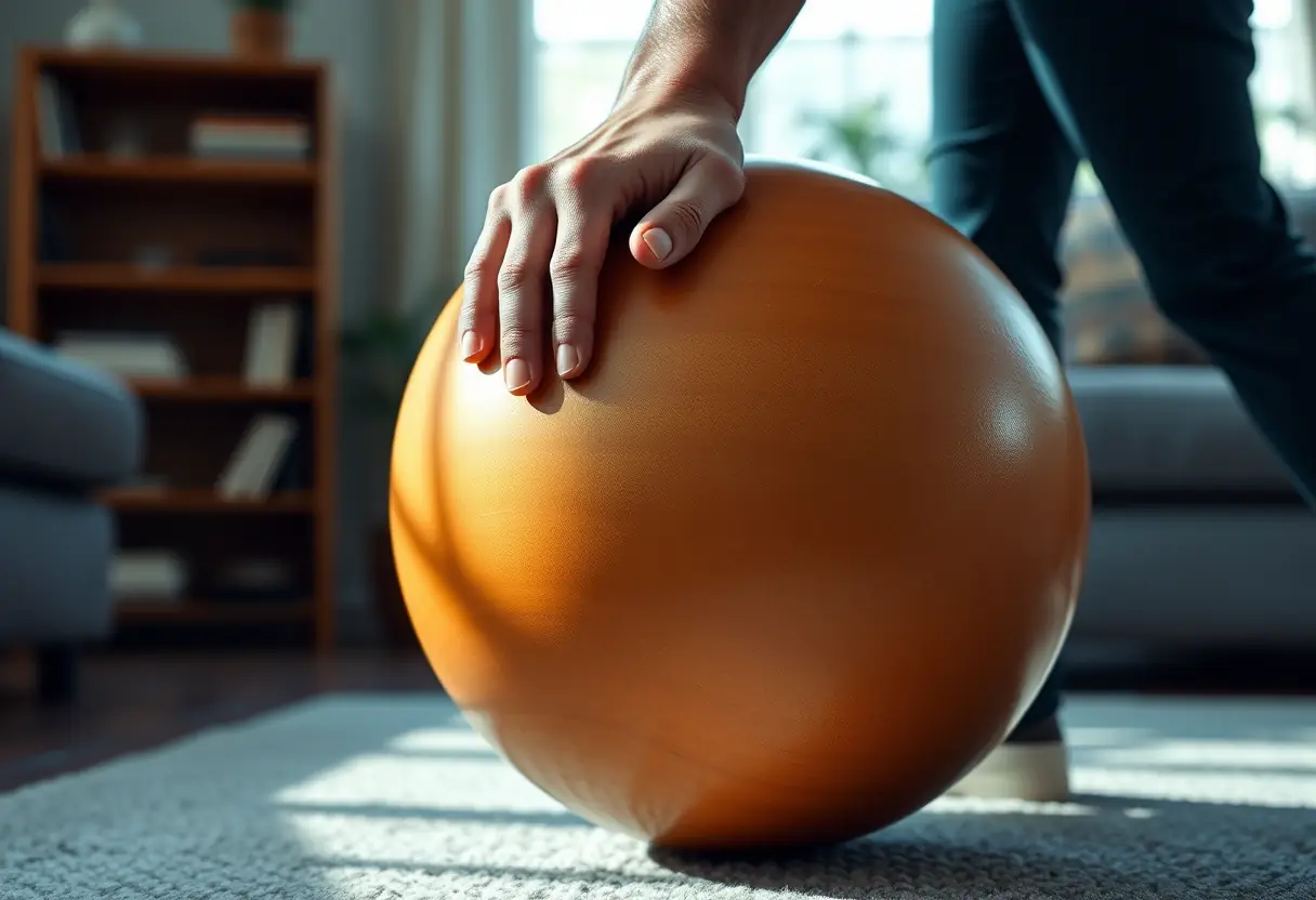 Main de l'homme posée doucement sur une balle d'exercice en bois