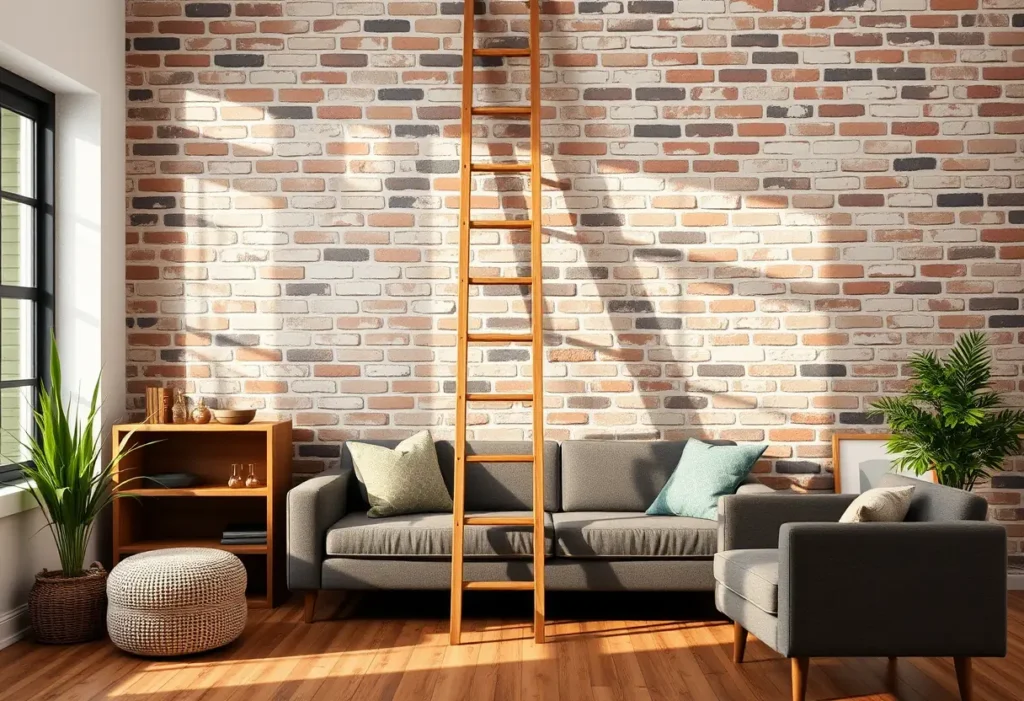 Une échelle en bois appuyée contre un mur de brique dans un salon accueillant, représentant l'effort pour sortir de sa zone de confort.