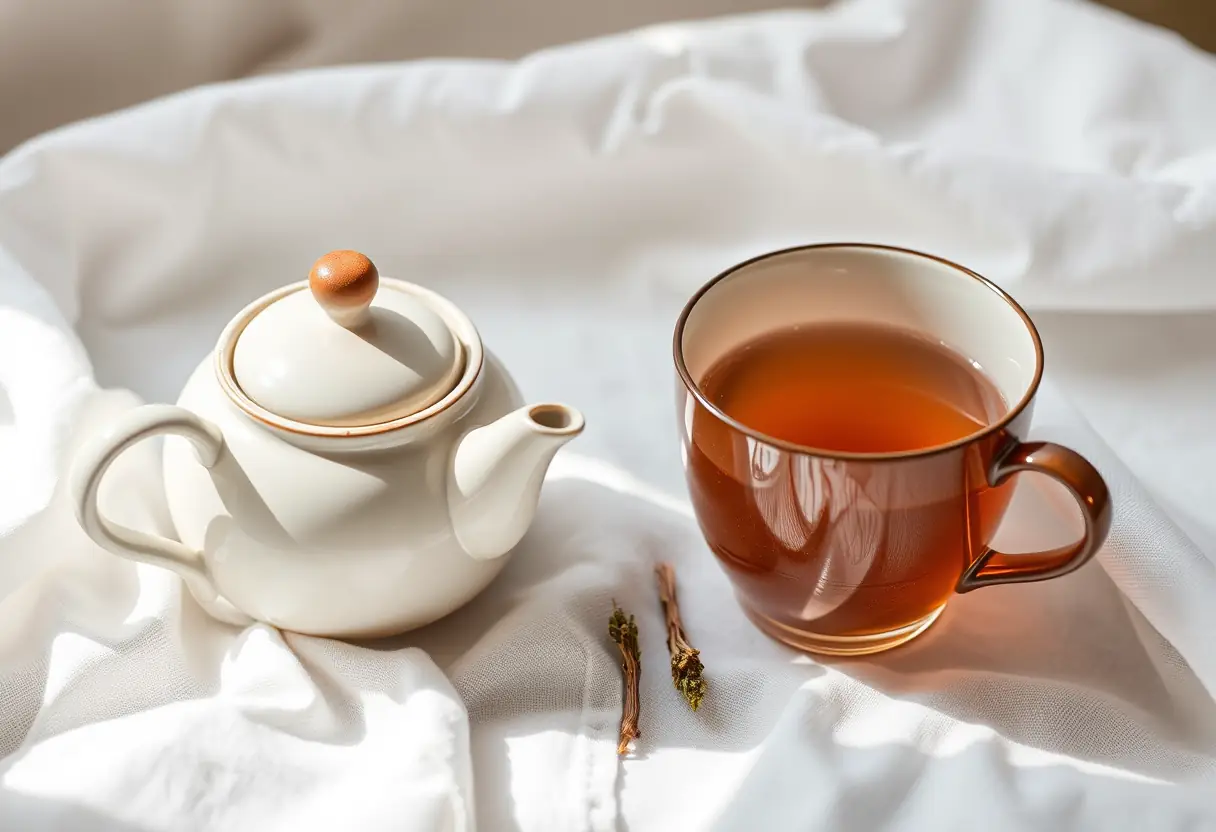 Une petite théière en porcelaine posée sur un linge blanc, à côté d'une tasse de thé herboriste, illustrant la nécessité de se choyer et de trouver la paix par des rituels simples.