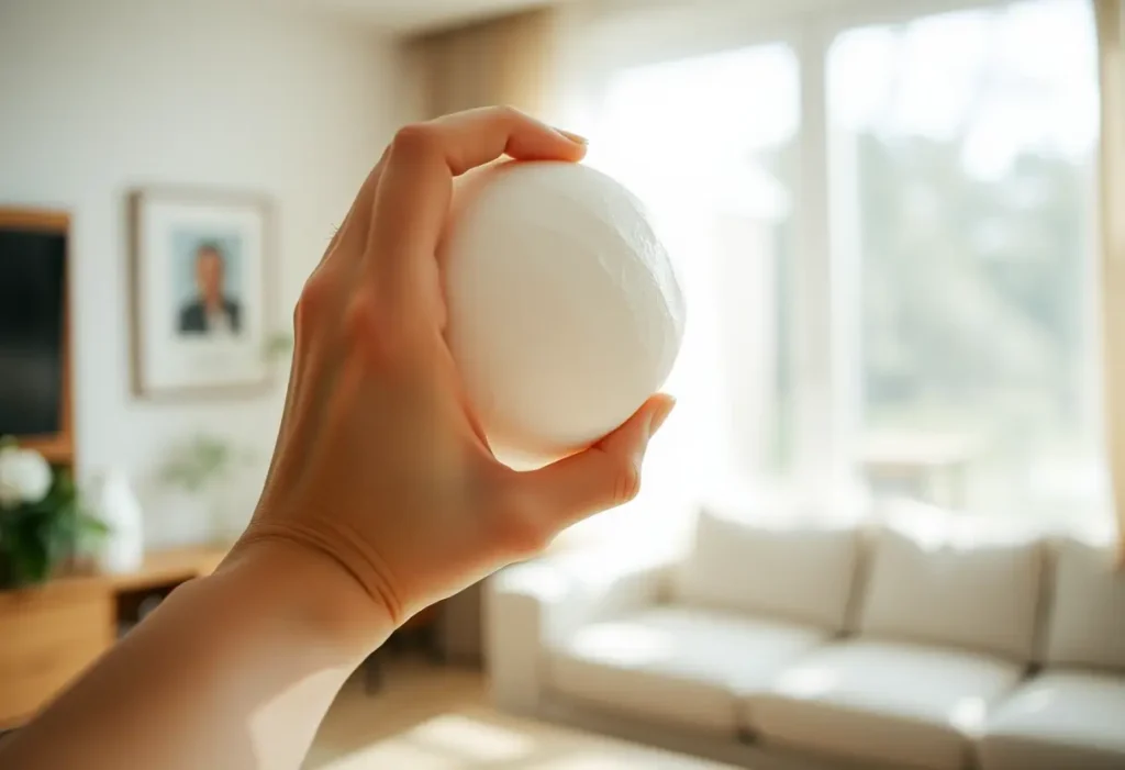 Main dans une pièce calme tenant une balle en mousse, édition sur la rééducation du périnée