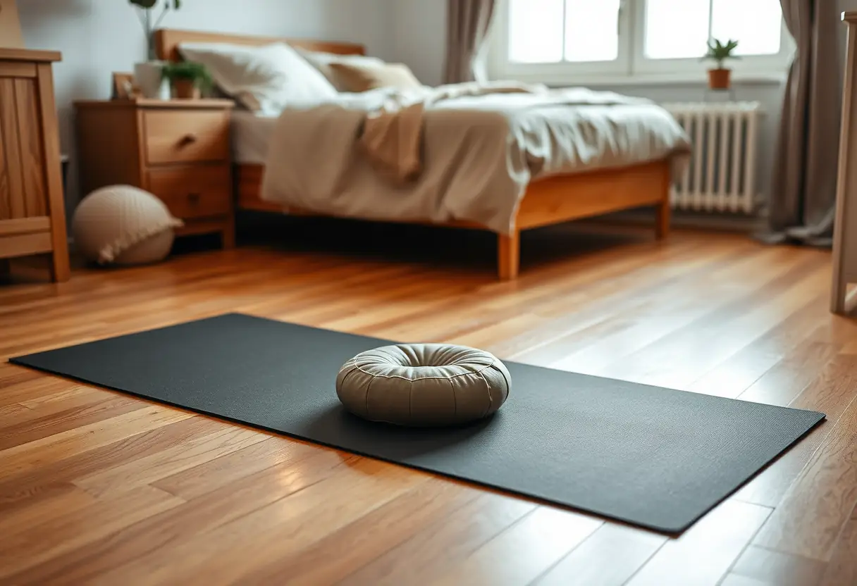 Tapis de yoga posé sur un plancher en bois dans une chambre, édition sur la rééducation du périnée