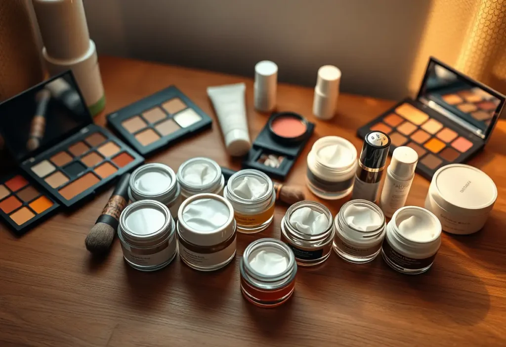 Un bureau avec des palettes de maquillage et des pots de soins de peau, illustrant l'importance du soin cutané.