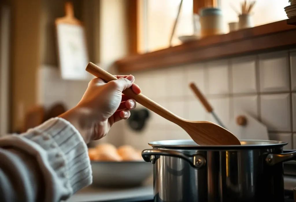 Main dans une cuisine accueillante, une marmite mijote tranquillement, rappelant l'importance de la sérénité