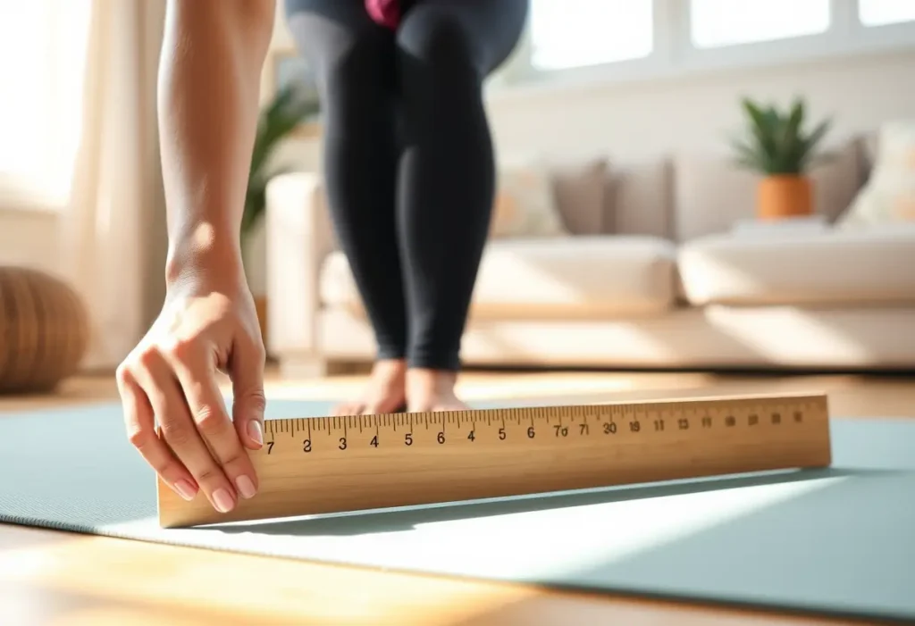 Une main féminine pose délicatement un règle en bois sur un tapis de yoga éclairé par la lumière du soleil.
