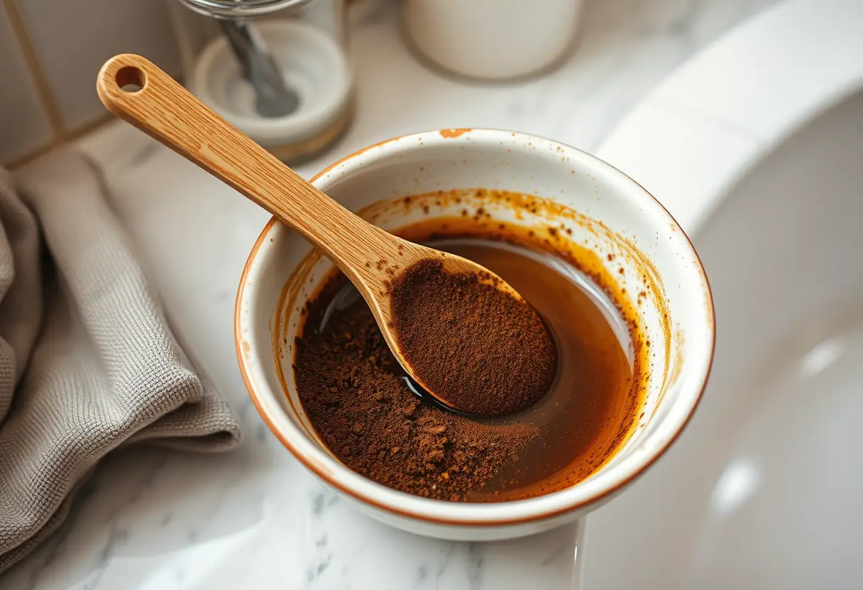 Une cuillère en bois mélange du café moulu et du miel dans un bol, pour un gommage détoxifiant.