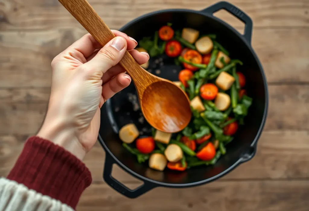 Une main tenant une cuillère de bois au-dessus d'une poêle en fonte avec des légumes, liée au bien-être et à l'acceptation de soi.