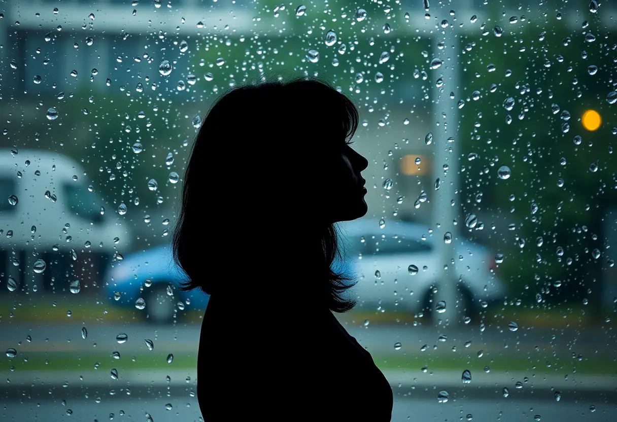 Un profil d'une femme près d'une fenêtre en verre avec des gouttes de pluie, associé au calme intérieur et au bien-être.