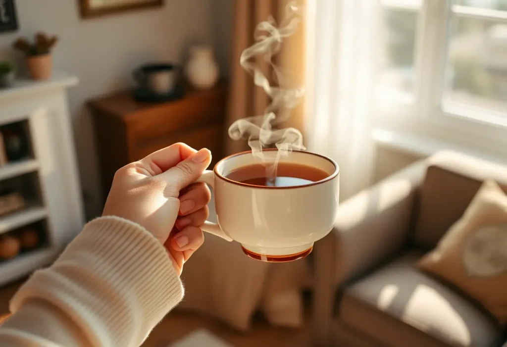 Une main tenant une tasse de thé chaud dans une pièce accueillante