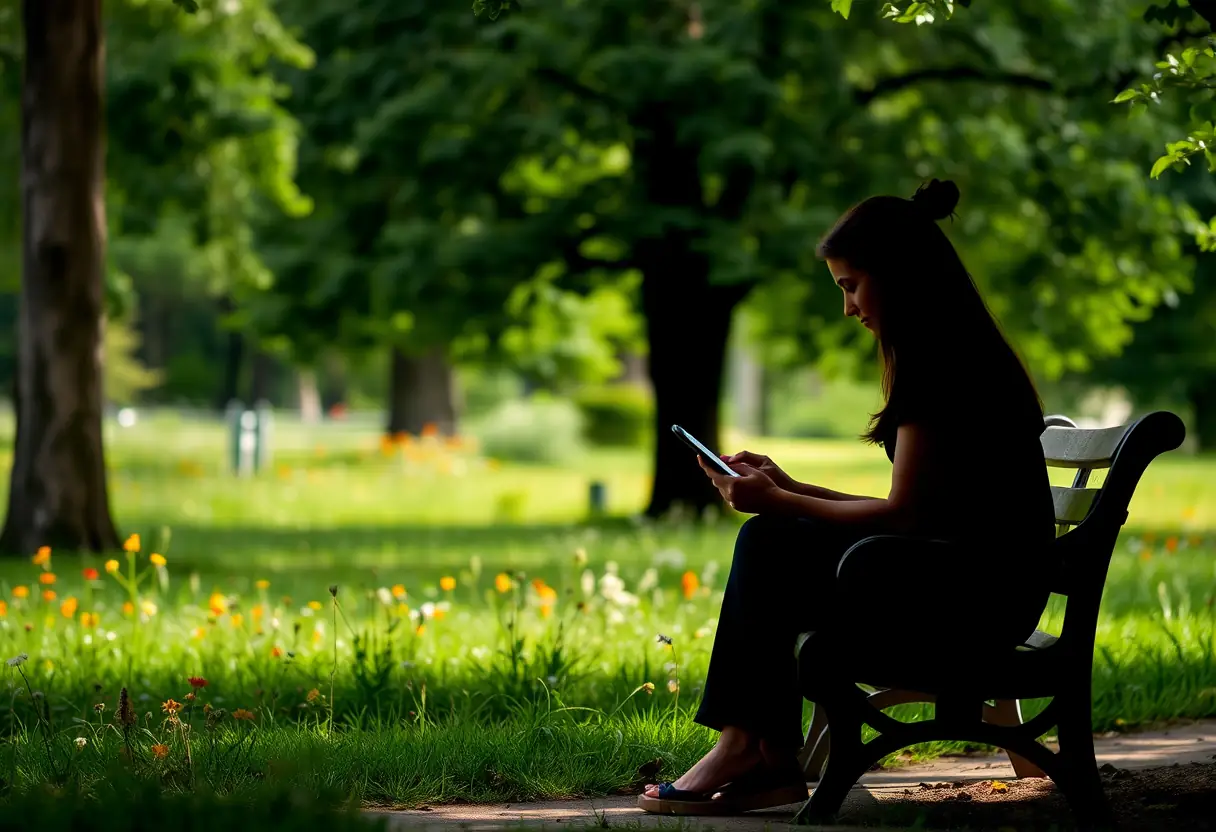Un profil d'une femme observant ses données de cycle menstruel dans un parc