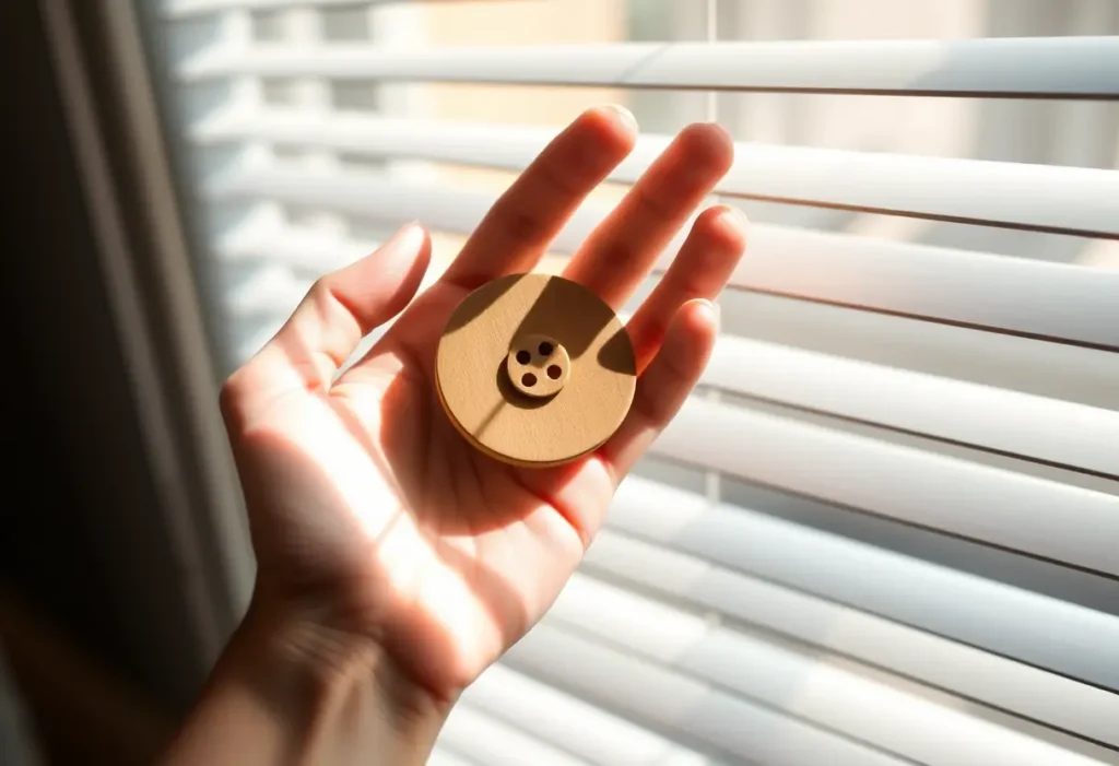 Mainse poisseuse tenant un bouton en bois, éclairée par la lumière du jour