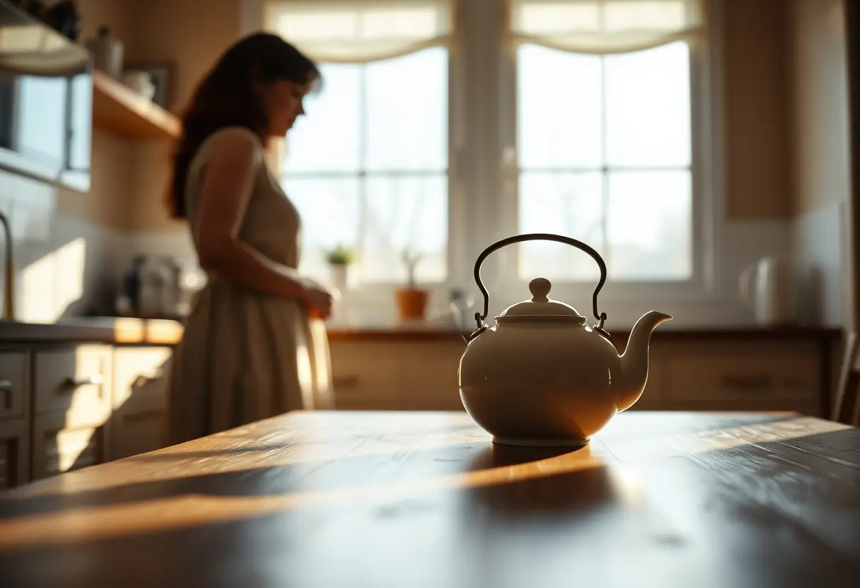 Silhouette de femme dans la cuisine, près d'une théière en porcelaine blanche sur une table en bois, éclairée par la lumière du matin