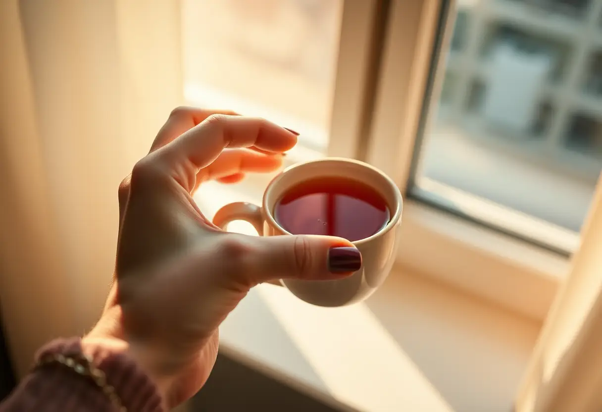Une main tenant une tasse de thé aux herbes, éclairée par la lumière du soleil