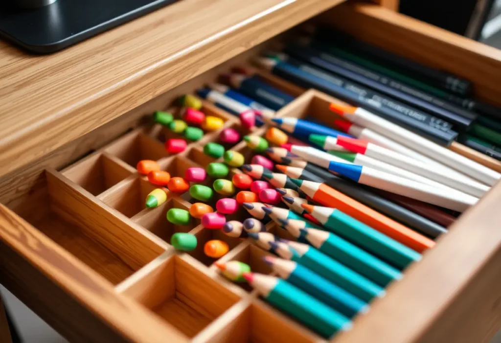 Un tiroir en bois contenant divers stylos et crayons de couleur, organisés avec soin