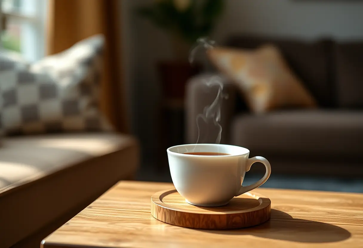 Une tasse de porcelaine blanche posée sur un coussinet en bois, dans un salon accueillant