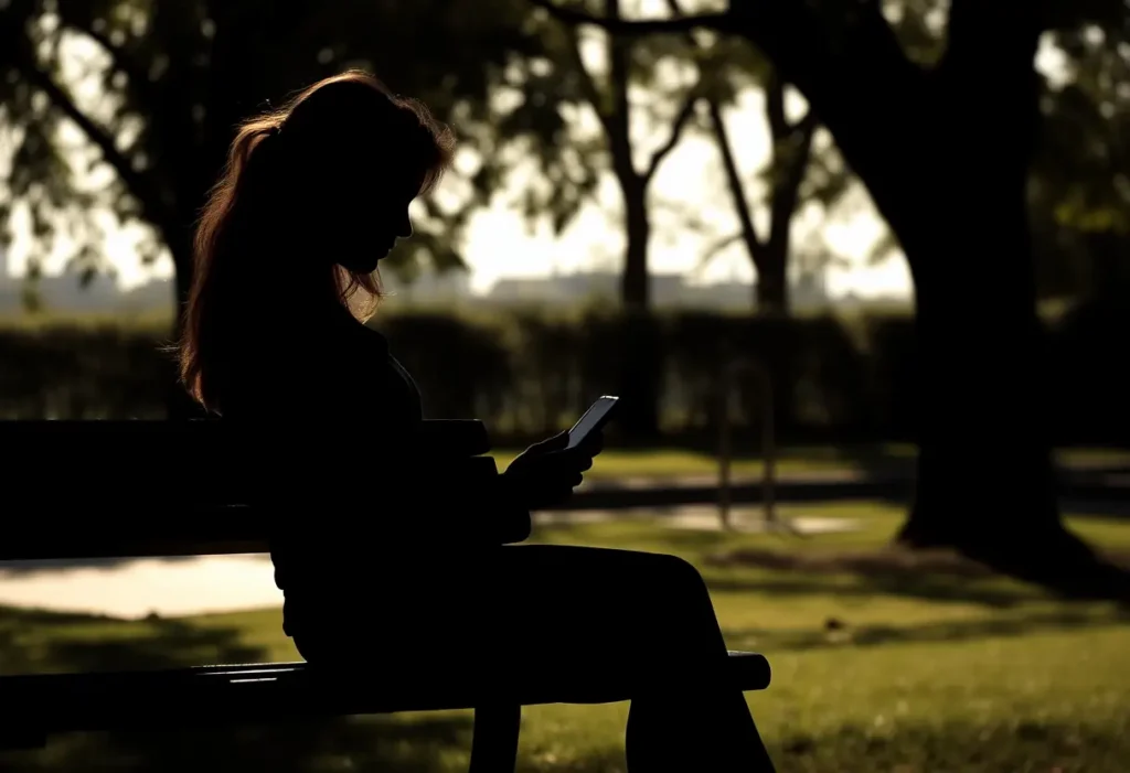 Silhouette d'une femme assise sur un banc de parc qui surveille son cycle menstruel avec son téléphone