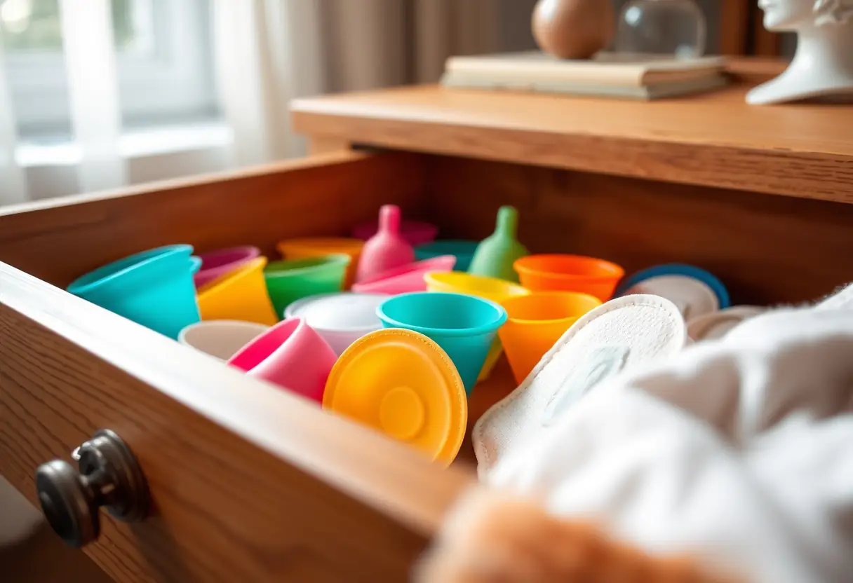 Un tiroir de bois ouvert révélant des coupes menstruelles et des serviettes lavables colorées, soulignant l'importance de la gestion du cycle menstruel
