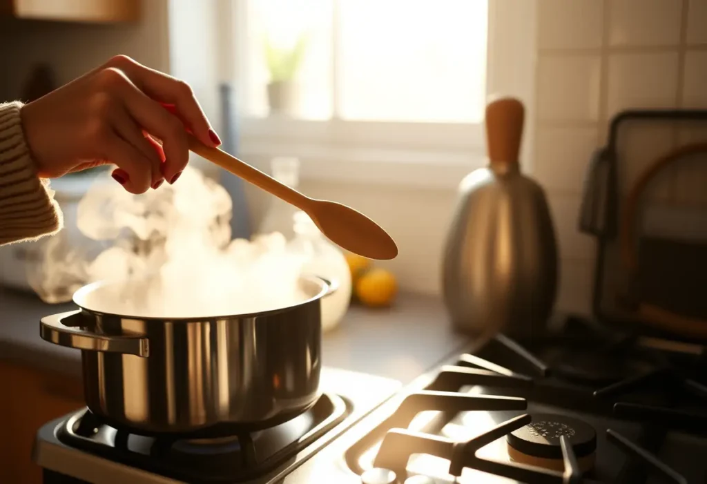 Une main féminine tenant une cuillère en bois au-dessus d'une casserole sur un gaz, éclairée par la lumière du matin