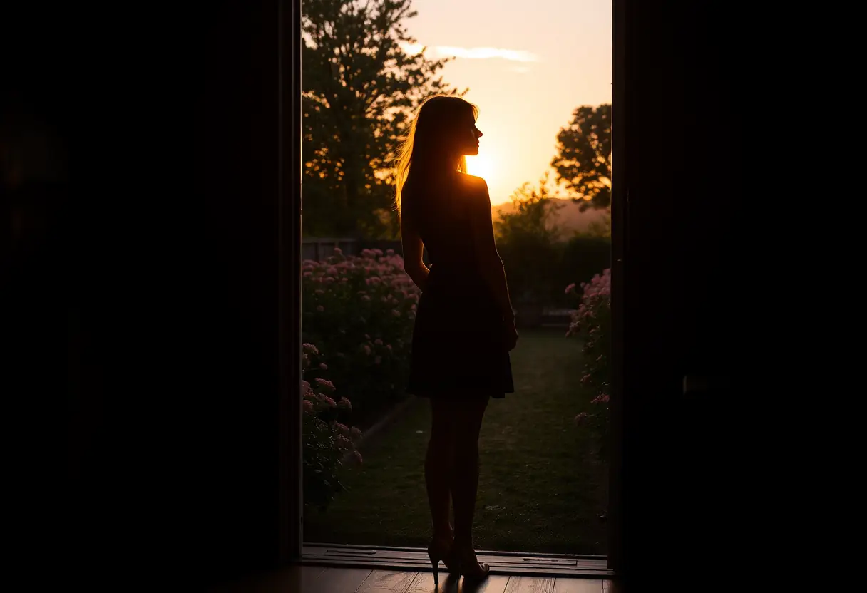Un profil de femme se tenant dans un encadrement de porte, regardant un jardin fleuri, éclairé par le soleil couchant