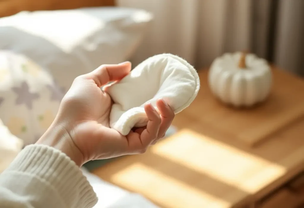 Une main féminine tenant un tampon en coton doux sur une table de nuit en bois, dans une chambre accueillante.