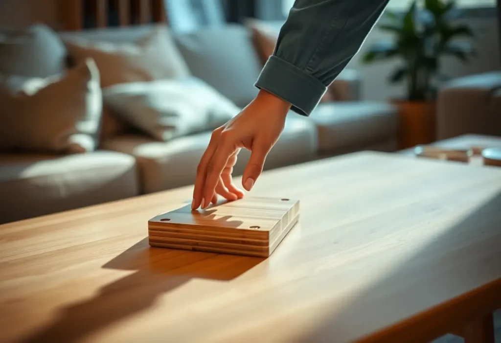 Main du lecteur posant un coquetier en bois sur une table basse, intimité et bien-être