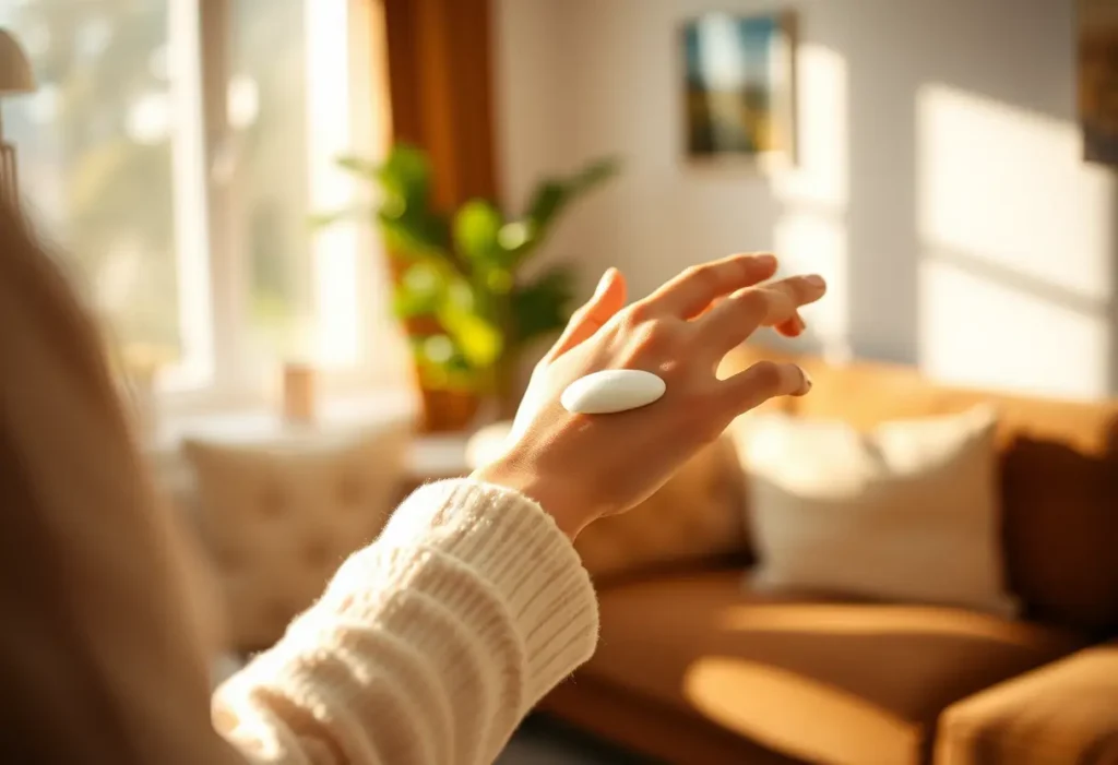 Une main applique une crème hydratante sur un bras dans une atmosphère accueillante, favorisant la sérénité et l'auto-acceptation