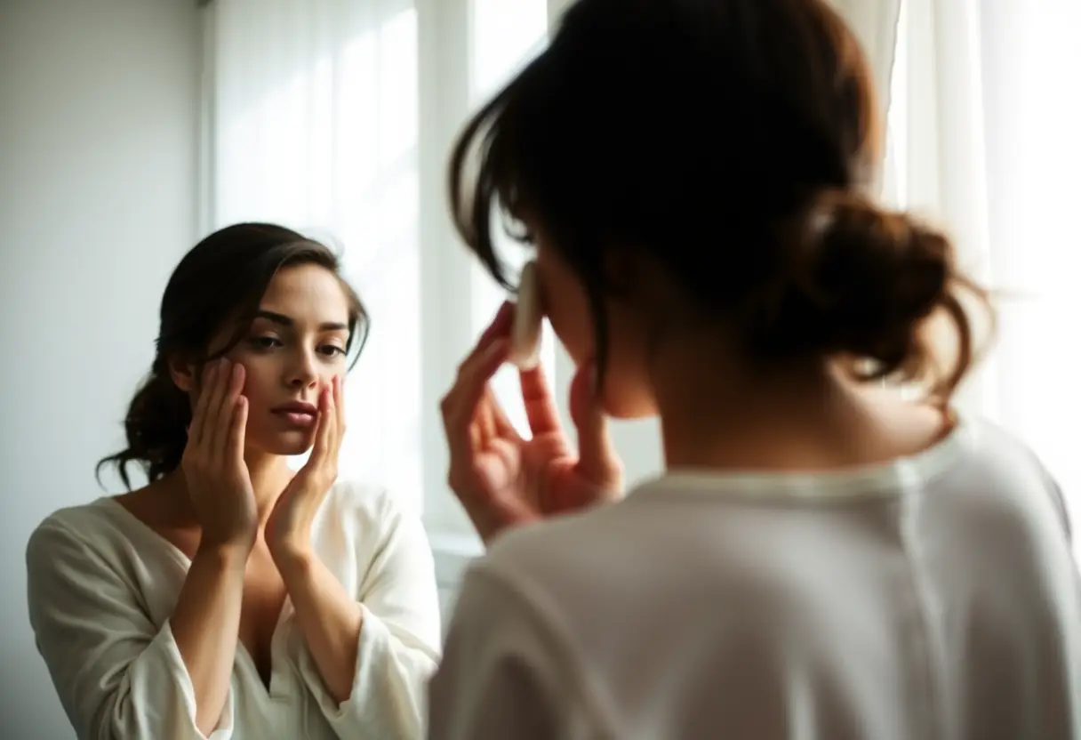 Une femme se tient devant un miroir de salle de bains, appliquant délicatement une crème sur son visage, favorisant l'estime de soi