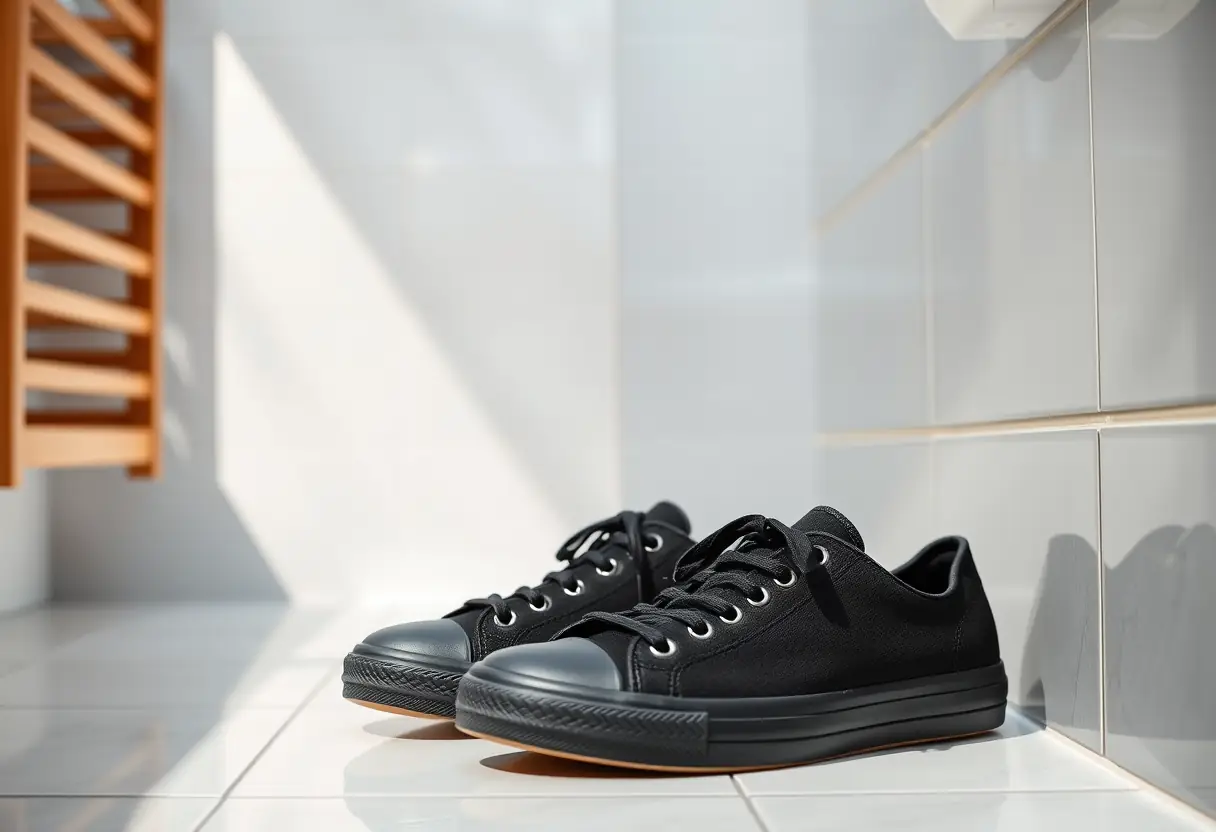 Des baskets noires posées près d'un porte-chaussures en bois dans une salle de bain moderne