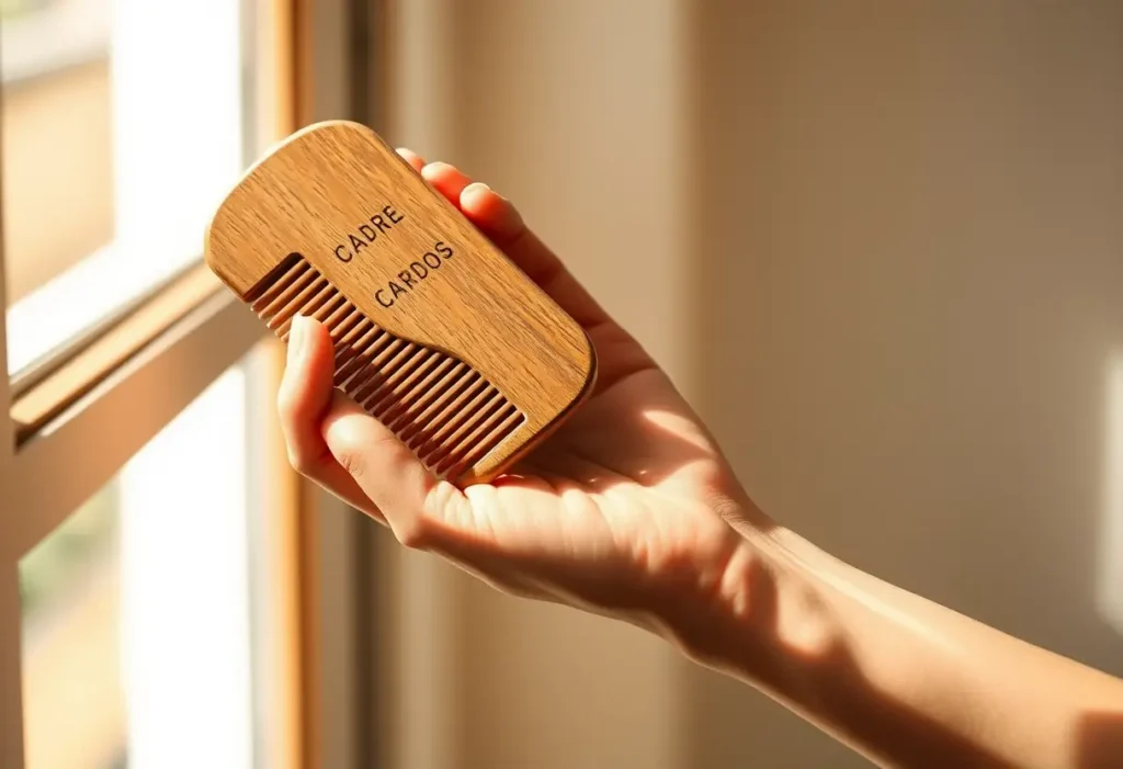 Une main féminine tient un peigne en bois, évoquant soin et auto-nurturing.