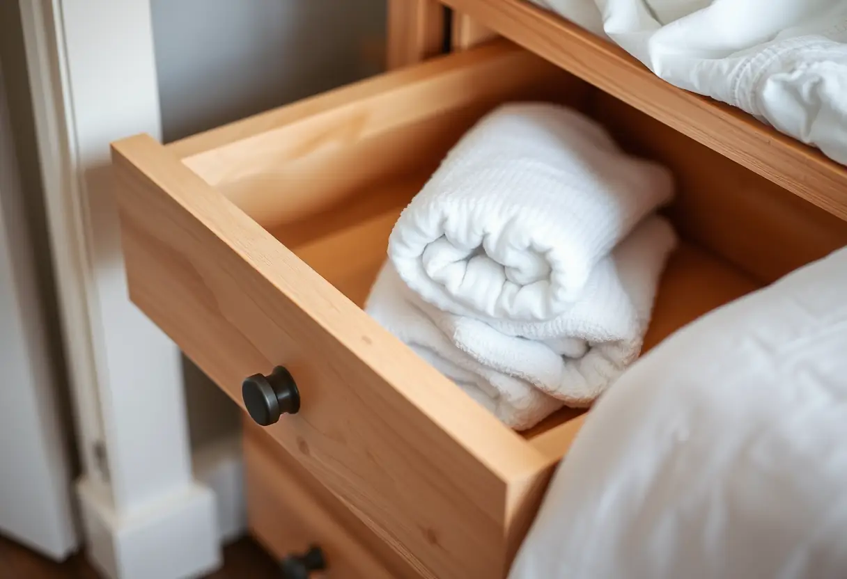 Un tiroir en bois dans une chambre, mi-ouverte, révélant des serviettes en coton pliées, représentant confort et soins à la maison