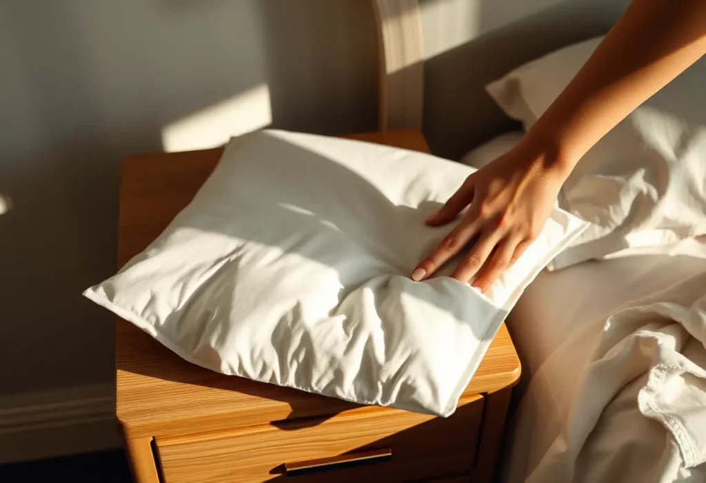 Main de femme étalant un gâteau de coton près du lit, doux éclairage du soir