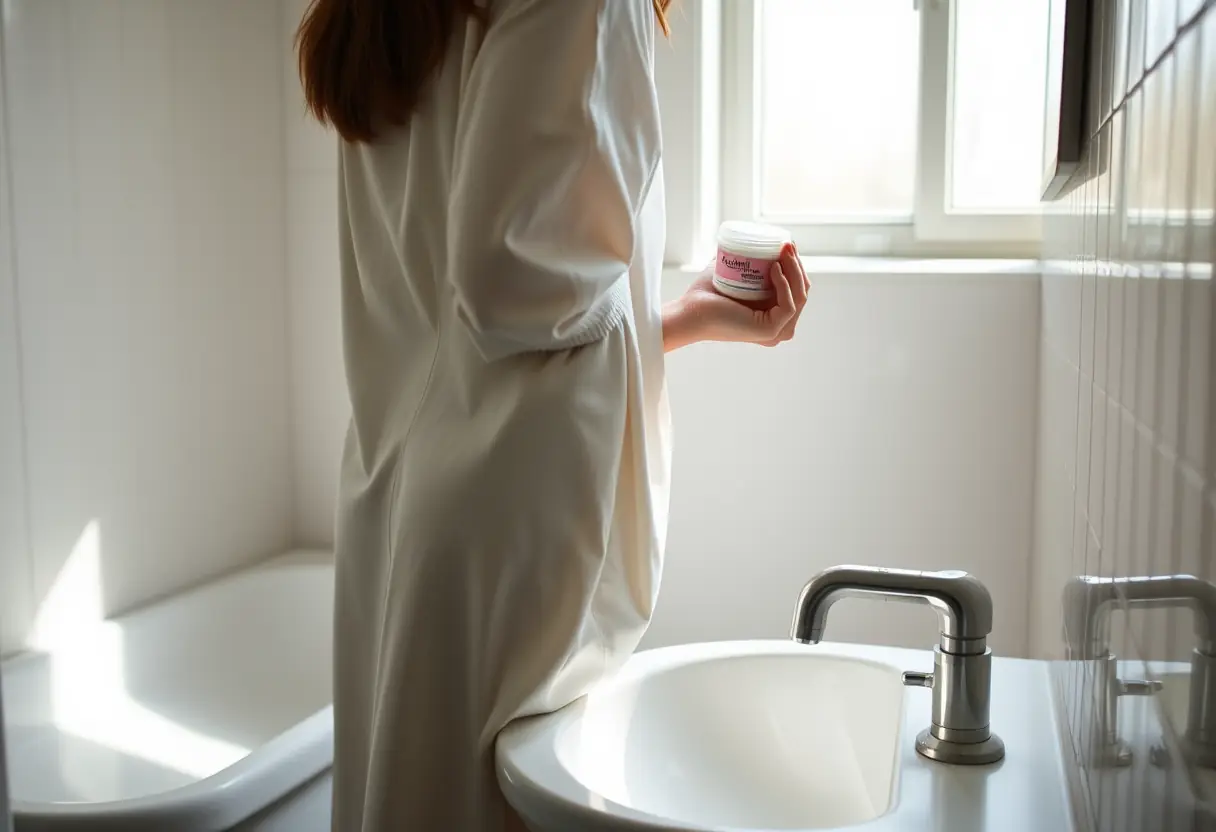 Silhouette de femme dans la salle de bains, tenant un pot de baume apaisant, lumière naturelle