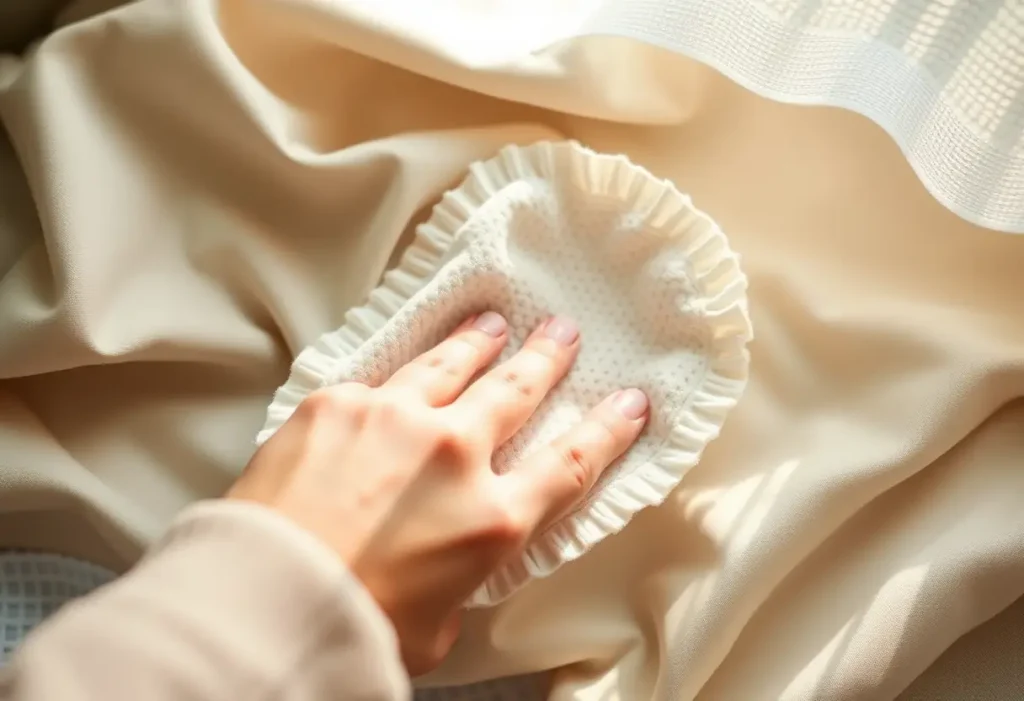 Main: une main féminine plie délicatement un tampón en tissu après utilisation