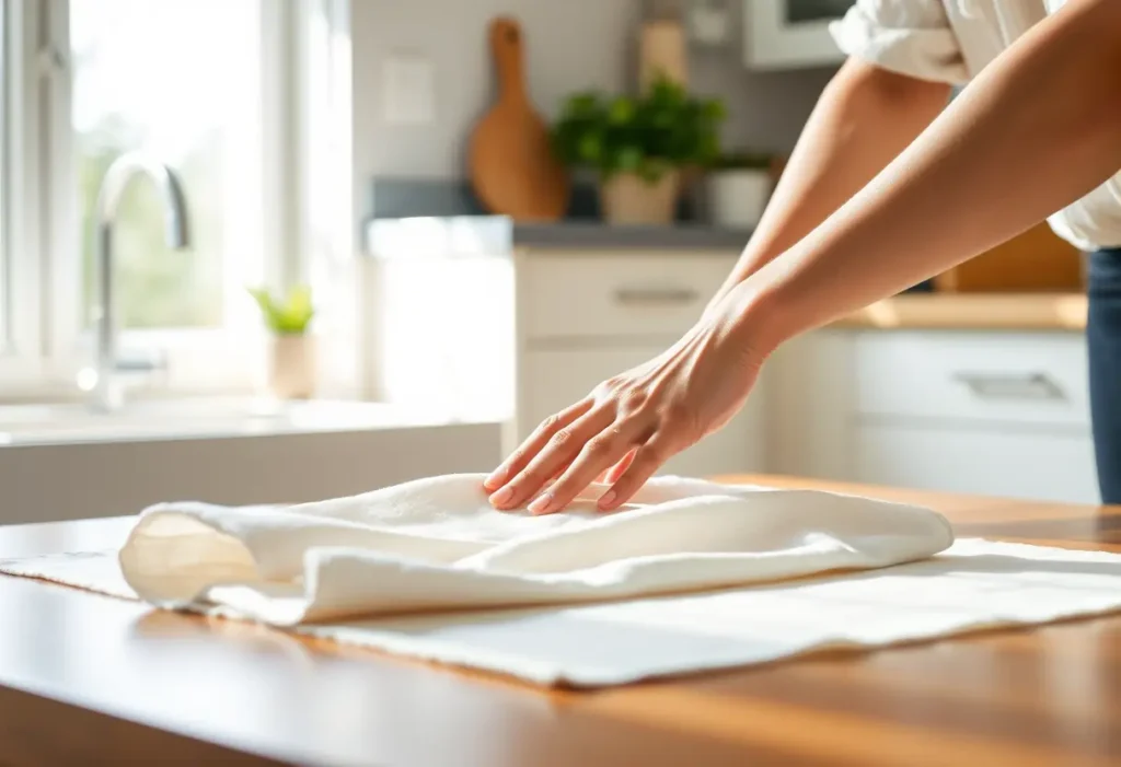 Main : Une main féminine repasse doucement un morceau de tissu en coton dans une cuisine lumineuse.