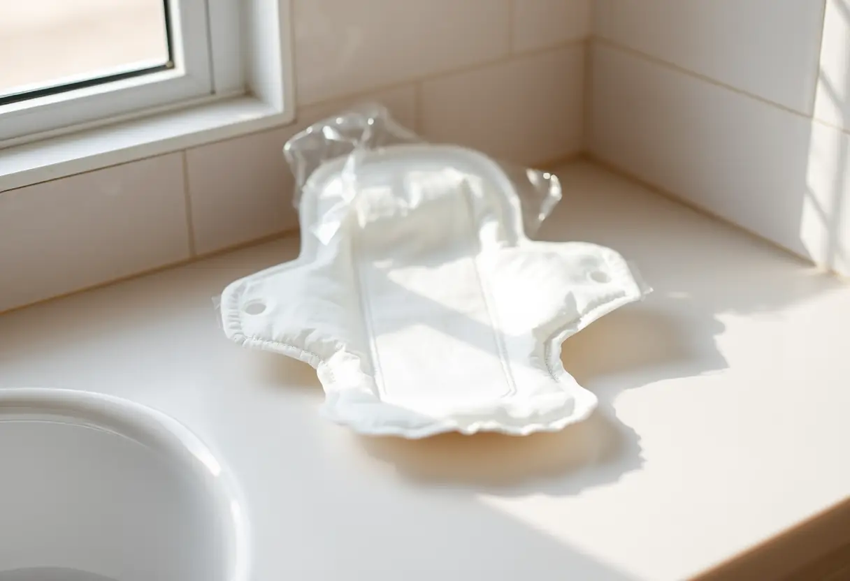Alt Text: Un paquet de protections hygiéniques posées sur un meuble de salle de bains