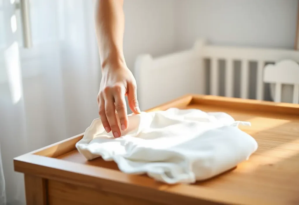 Main dans une nursery, ajustant délicatement un linge de change en coton, texte alternatif en lien avec le bien-être post-partum.