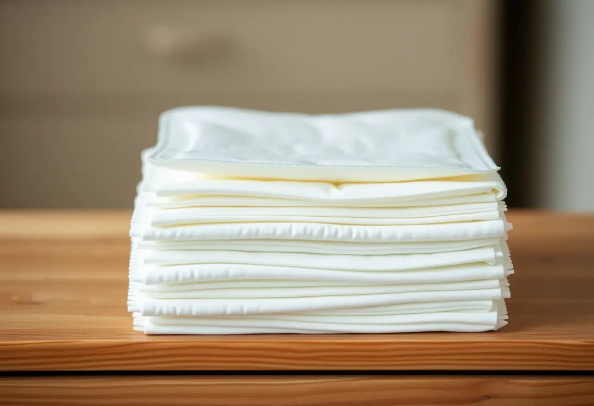 Des serviettes absorbantes empilées sur une commode en bois, mettant en valeur le choix écologique pour la récupération postnatale.