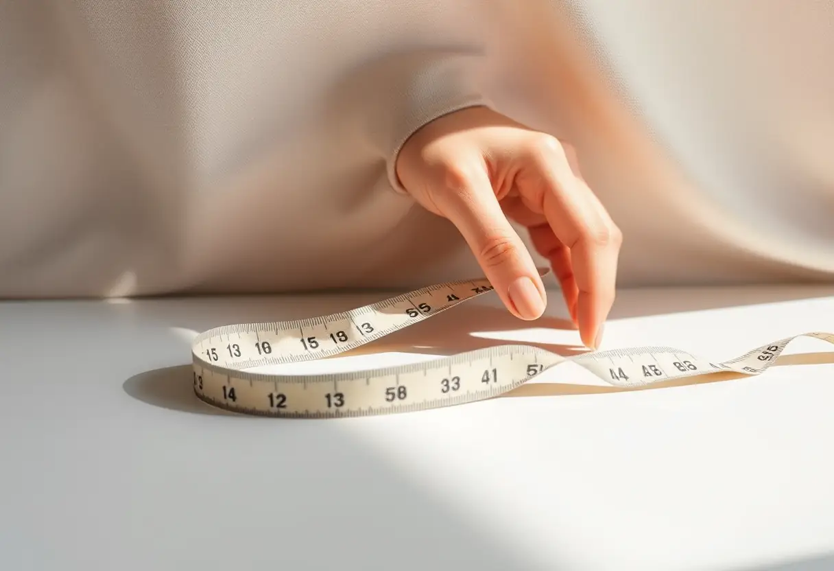 Une main mesure délicatement un ruban à mesurer sur une surface plane, évoquant la recherche de la bonne taille de soutien-gorge.