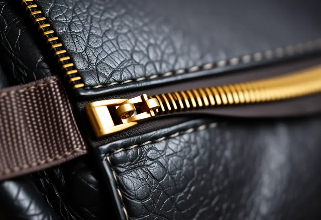 Fermeture à glissière métallique sur un sac en cuir bien usagé, illustrant la nécessité de bons ajustements