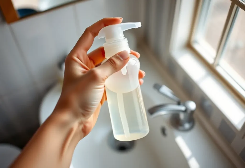 Une main féminine tient une bouteille en plastique au-dessus d'un lavabo, dans une salle de bain.