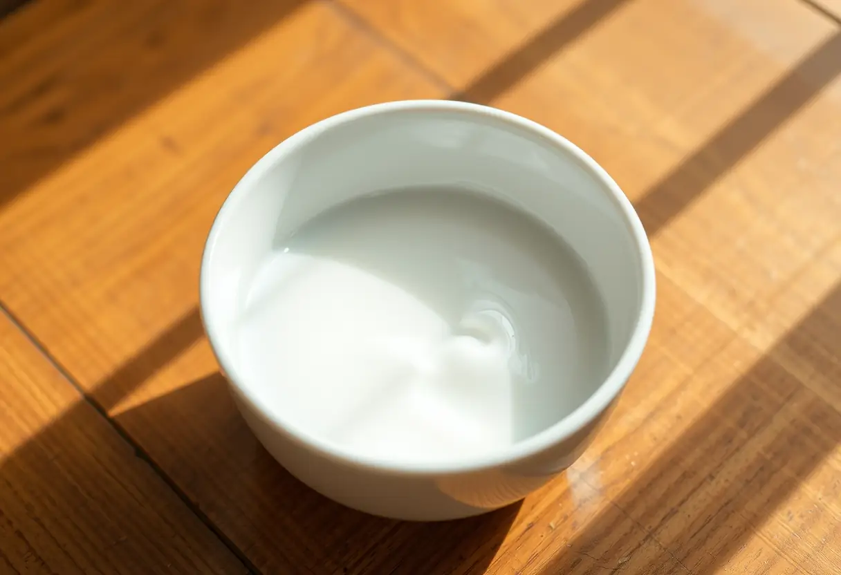 Un bol en porcelaine contient une crème hydratante sur une table en bois.
