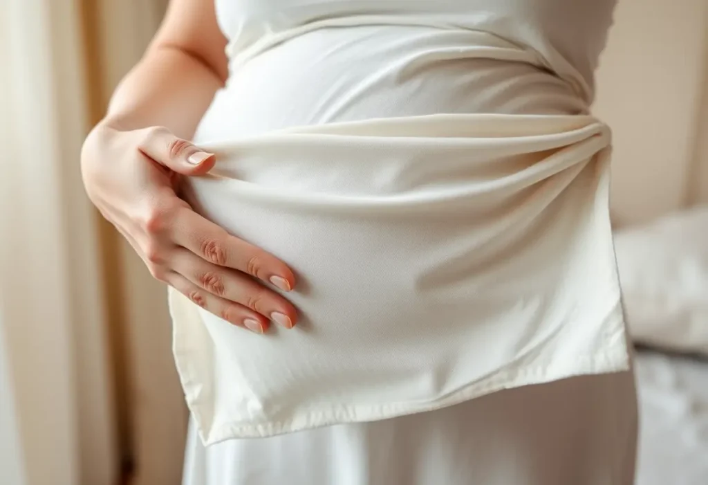 Main de femme étalant un tissu de coton, symbole de soutien après l'accouchement