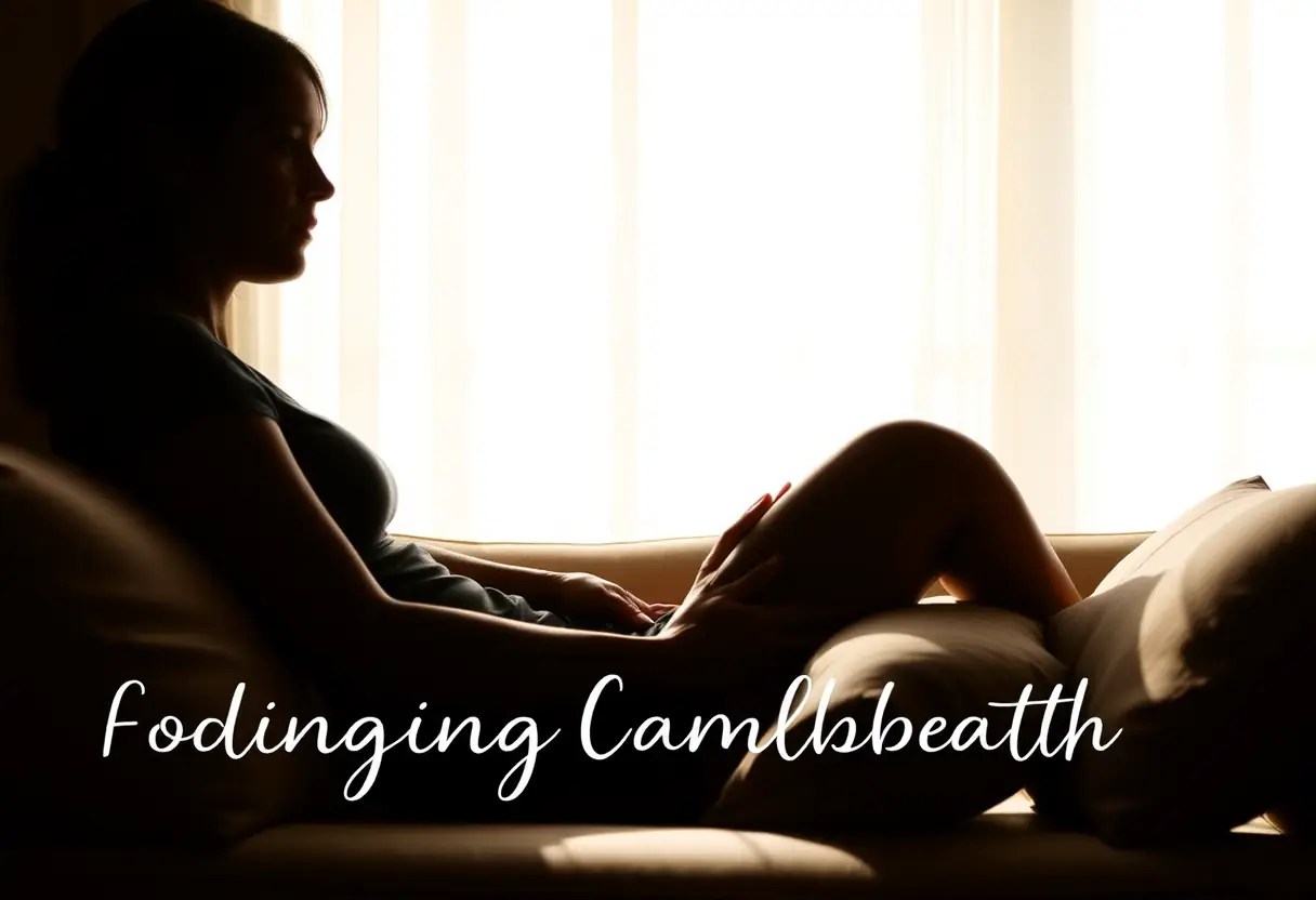 Silhouette de femme assise sur un canapé, main posée sur un coussin douillet, symbole de détente après l'accouchement