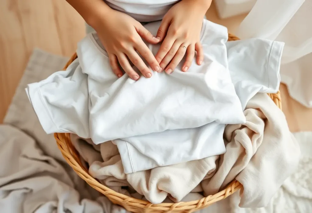 Des mains replient délicatement un tee-shirt en coton sur un panier à linge, symbolisant la douceur nécessaire pour la récupération post-partum