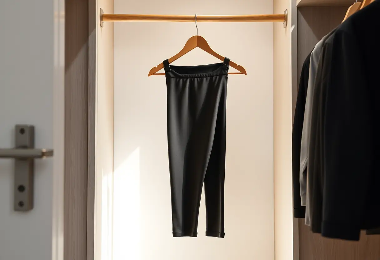 Un cintre accroche des leggings en polyester spandex dans un placard bien éclairé, mettant en valeur leur design élégant et leurs qualités de soutien
